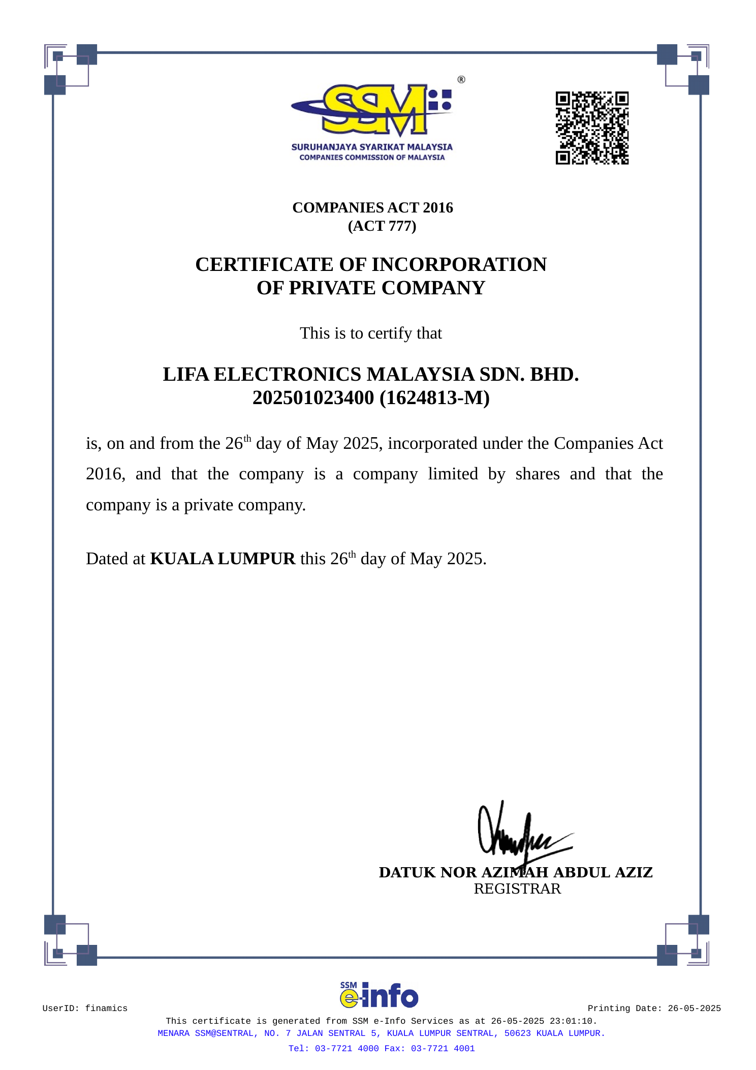 LIFA ELECTRONICS MALAYSIA SDN. BHD. 马来西亚公司注册证书